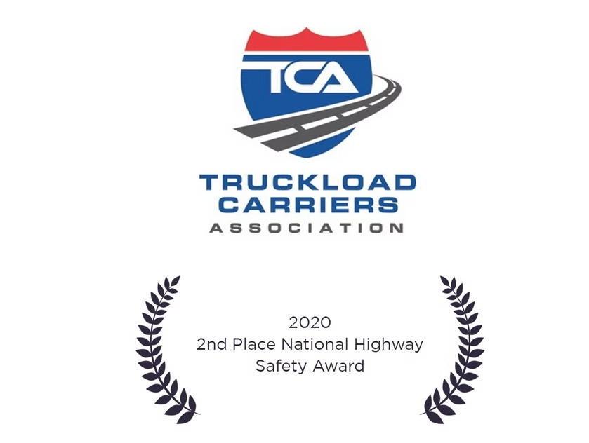 Truckload Carriers Association highway shield emblem above the award plaque: 2020 second place National Highway Safety Award
