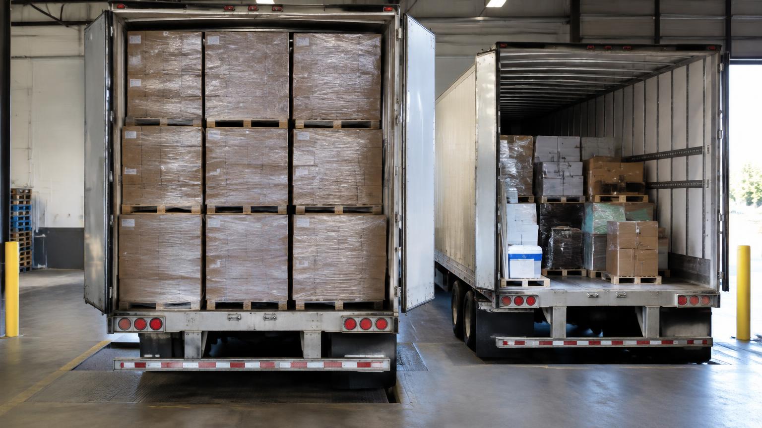 A full trailer of pallets beside a partly loaded trailer of mixed shipments