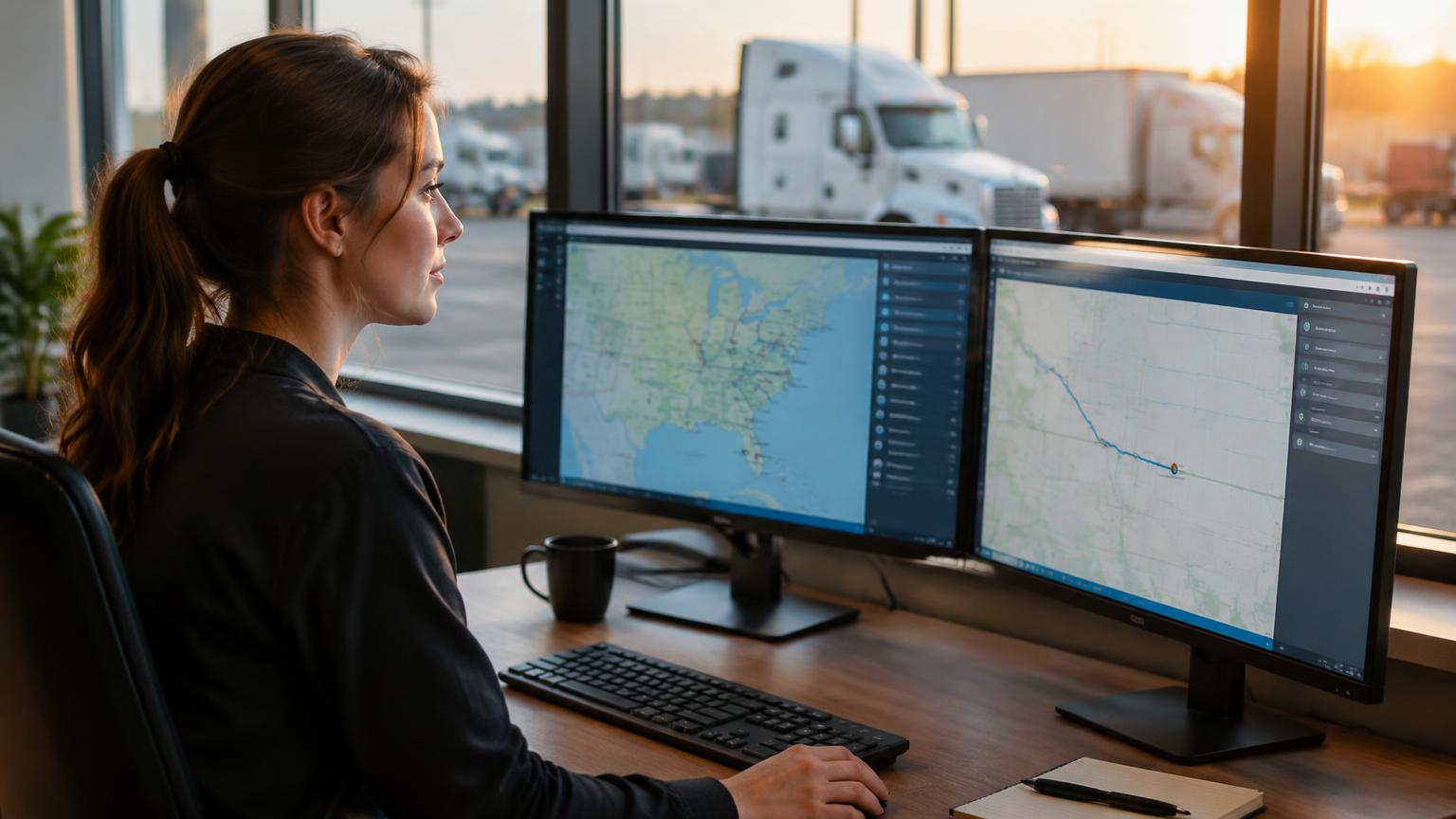 Logistics coordinator planning truck routes on dual monitors in a dispatch office