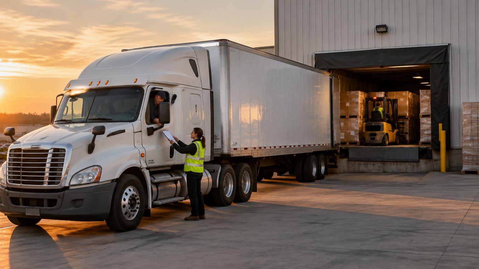 Shipper handing paperwork to a driver as pallets are loaded at a warehouse dock