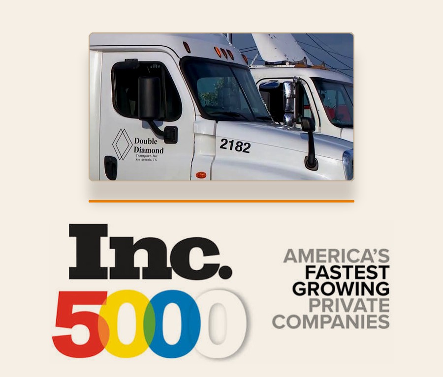 Double Diamond Transport truck at the terminal above the Inc. 5000 America's Fastest-Growing Private Companies mark