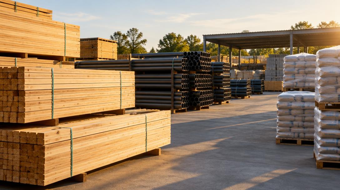 Stacked lumber, piping and bagged building materials in a supply yard