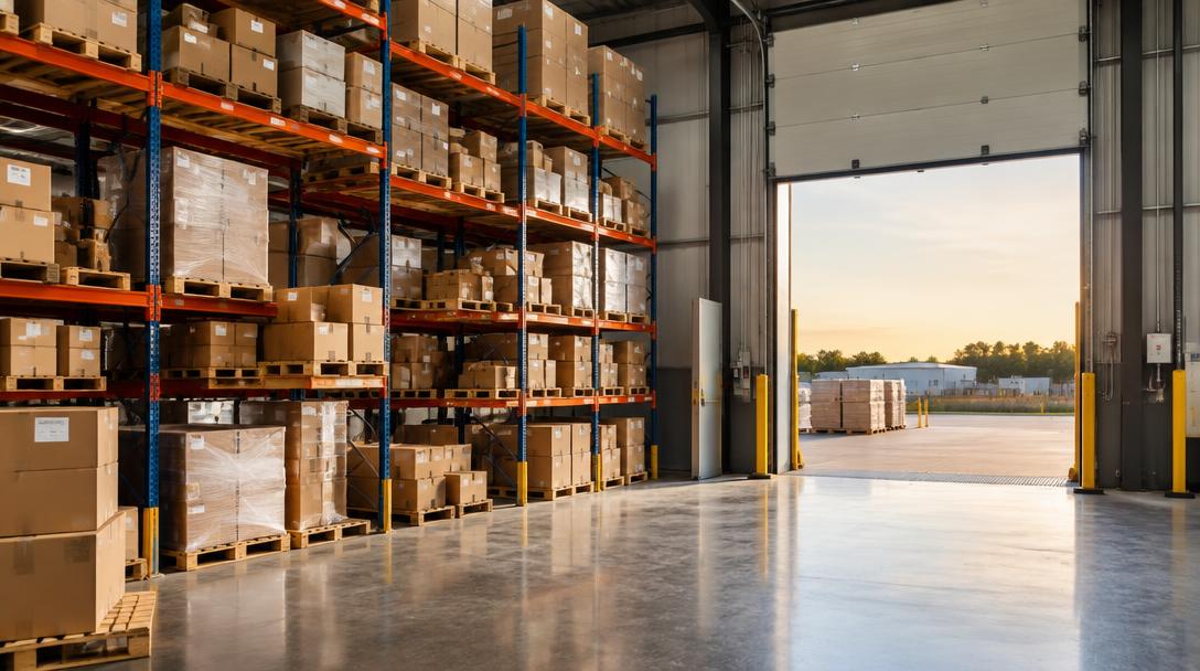 Pallet racking loaded with boxed freight beside an open loading dock at a distribution center