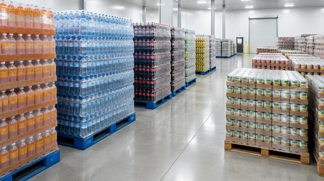 Shrink-wrapped pallets of bottled beverages and canned goods in a clean food-grade warehouse