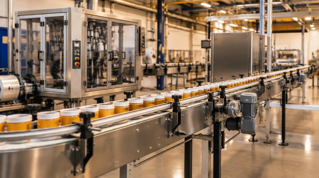 Automated production line moving finished goods through a manufacturing facility