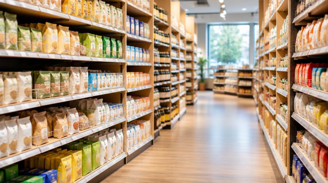 Neatly stocked shelves of packaged consumer goods in a bright retail store aisle