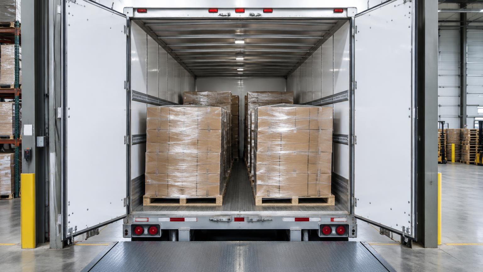 Wrapped palletized freight protected inside an enclosed dry van trailer at a warehouse loading dock