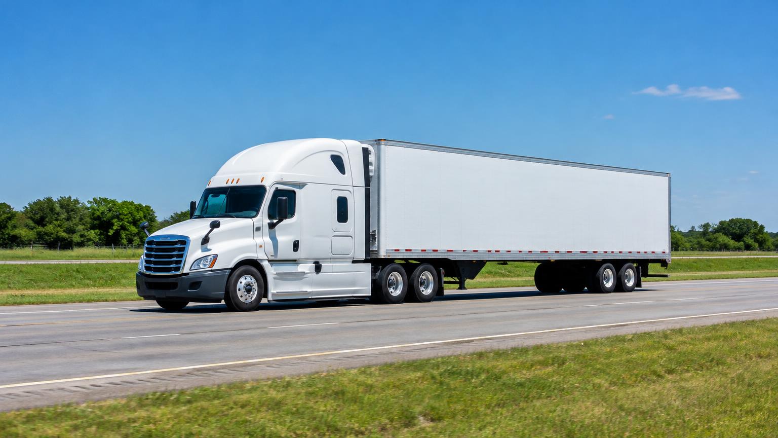 A dedicated eighteen-wheeler hauling a full dry van trailer on a Texas highway