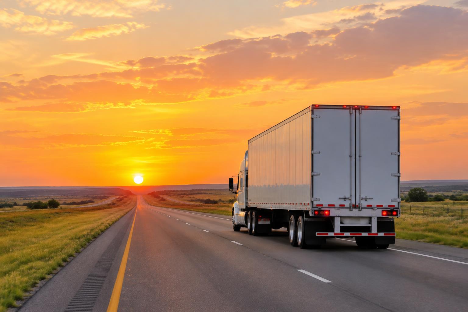 A truck riding toward a golden sunset on an open highway