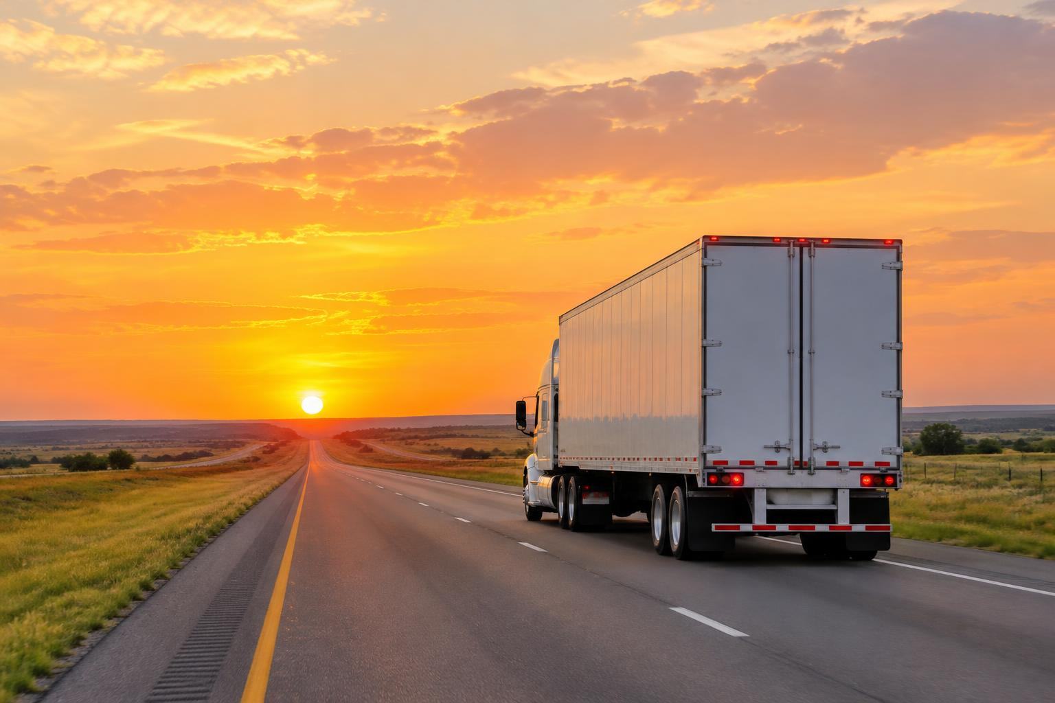 A truck riding toward a golden sunset on an open highway