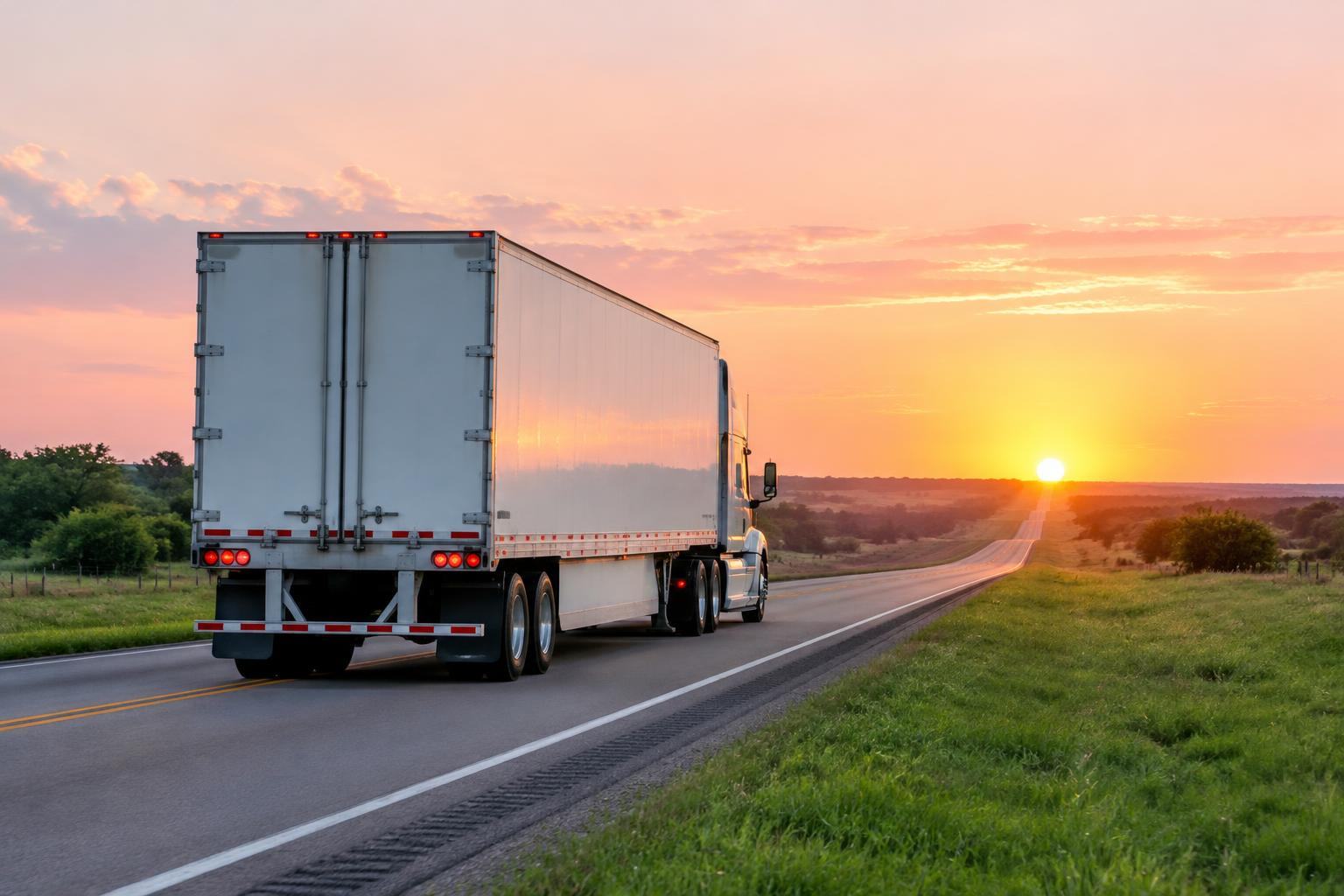 Dry van trailer heading toward the sunrise